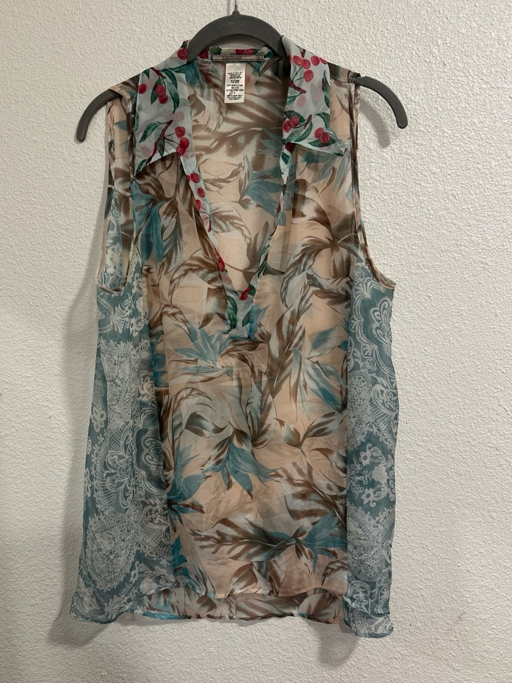 Language Sheer Floral V-Neck Camisole in Teal, Cream & Red